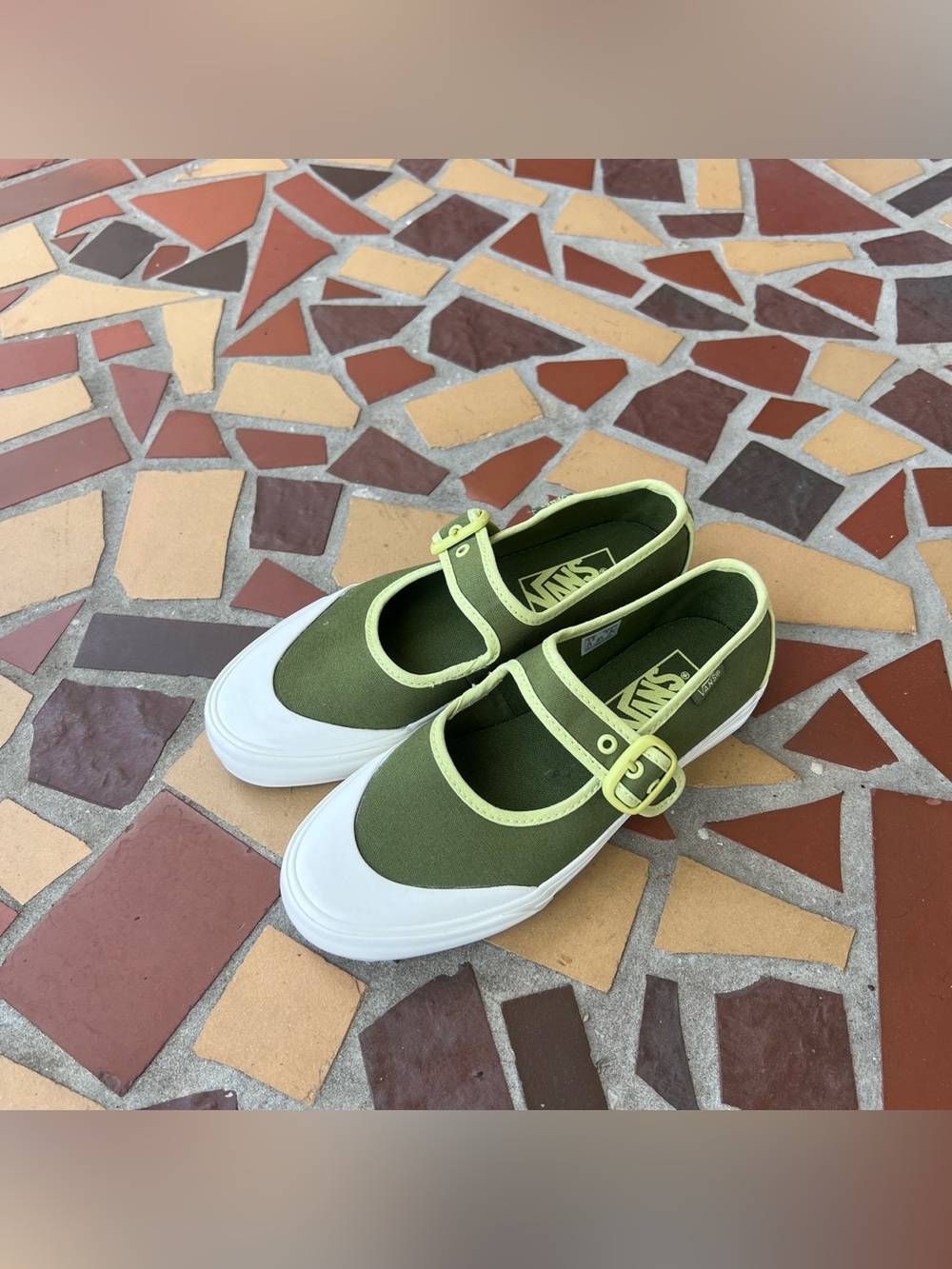 Y2K Style Vans Olive Green Mary Jane Sneakers with Lime Accents